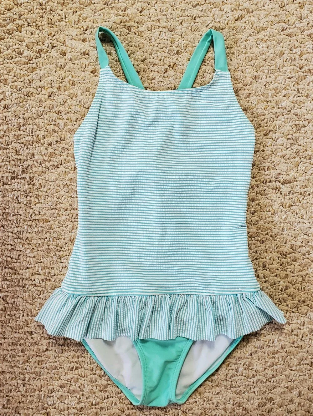 Cat And Jack Girls' Mint Green Stripe Seersucker Ruffle One-Piece Swimsuit LG